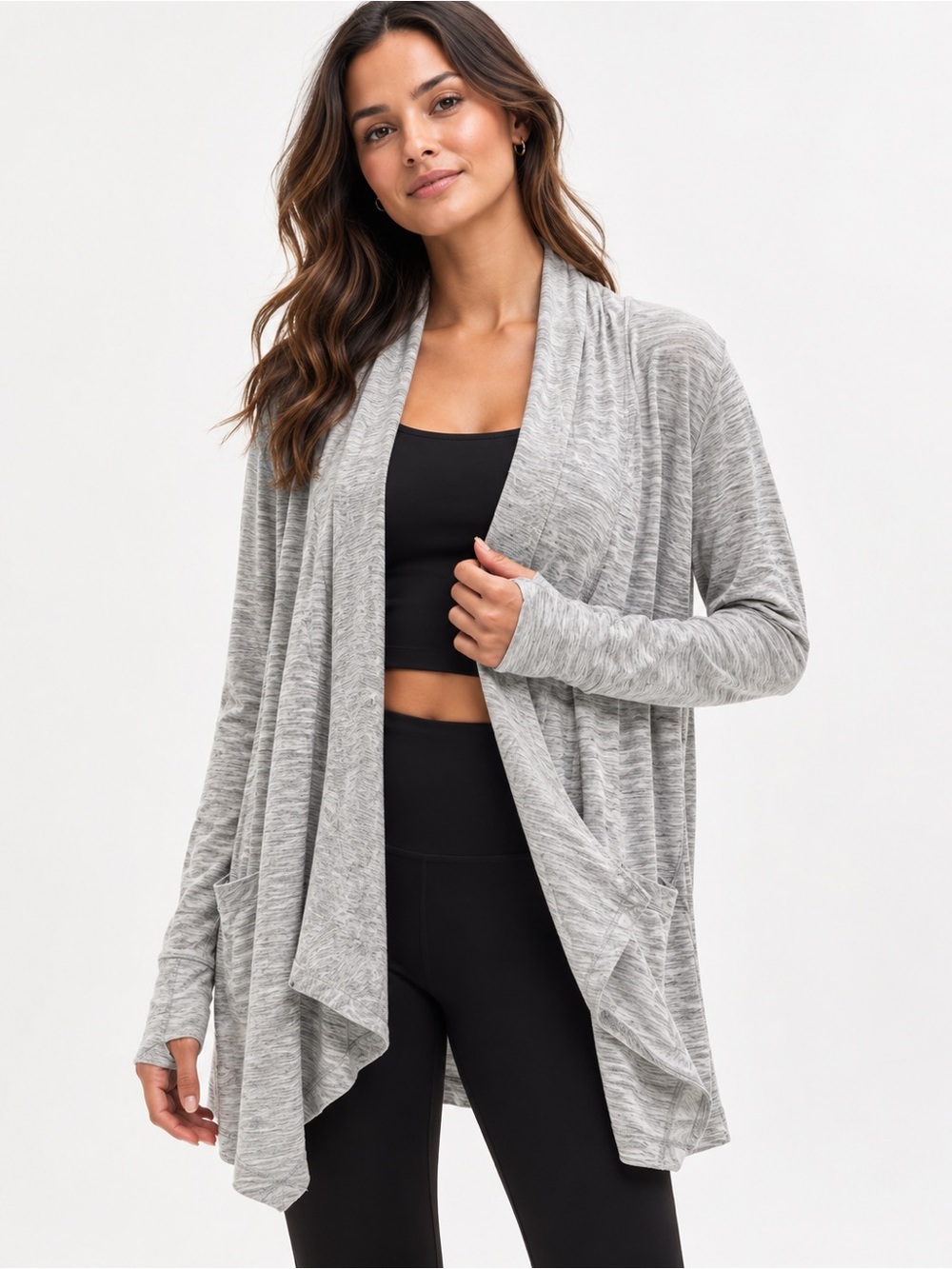 Athleta Pranayama Wrap Cardigan Large Gray Modal Open Front Thumbholes 777944
